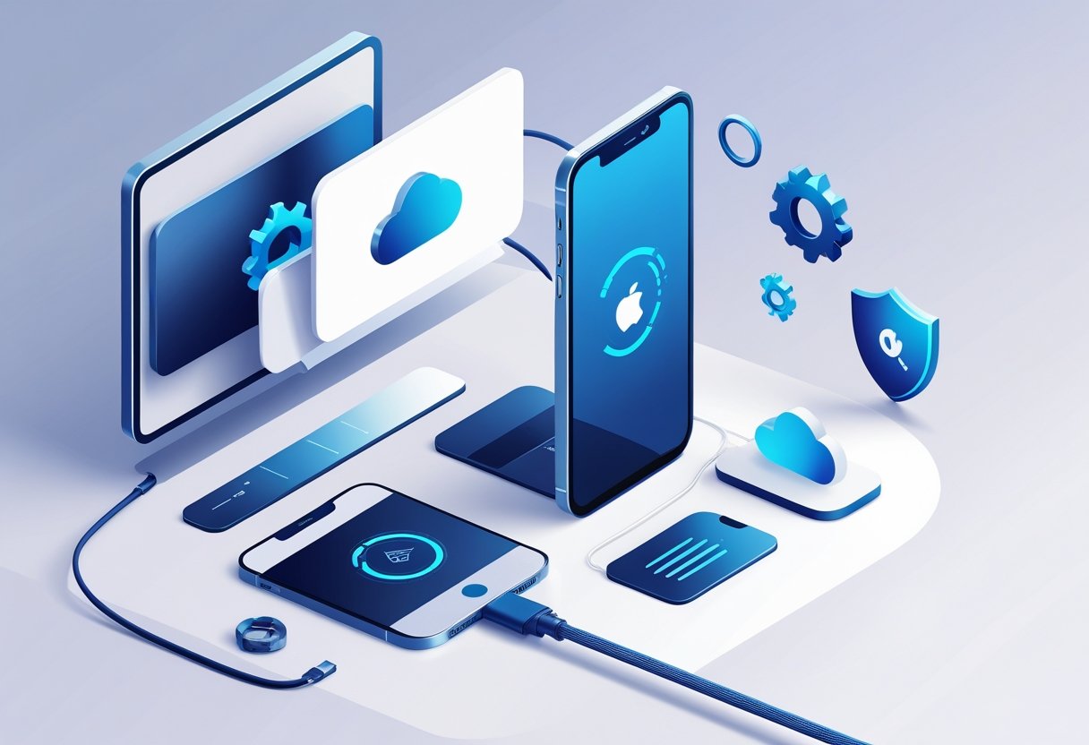 An iPhone connected to a computer with icons showing data transfer, representing backing up the device.