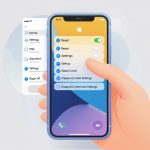 A hand holding an iPhone showing the settings menu with a finger tapping on the reset option.