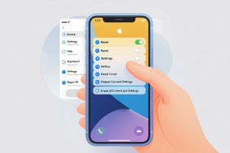 A hand holding an iPhone showing the settings menu with a finger tapping on the reset option.