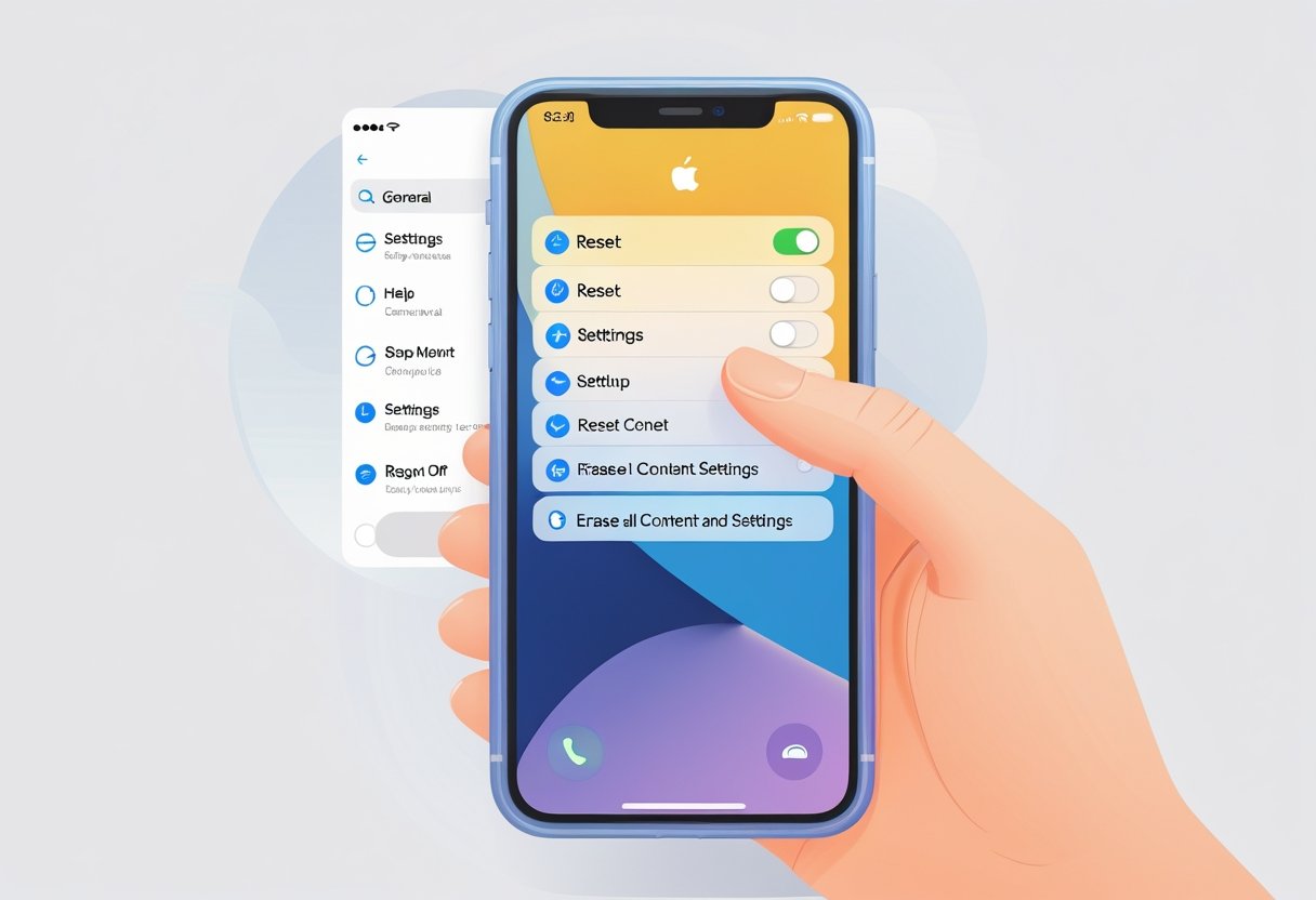 A hand holding an iPhone showing the settings menu with a finger tapping on the reset option.