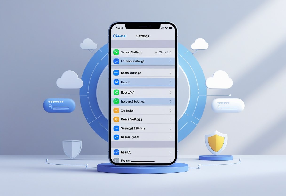 An iPhone on a desk showing the settings screen with icons representing backup and security around it.
