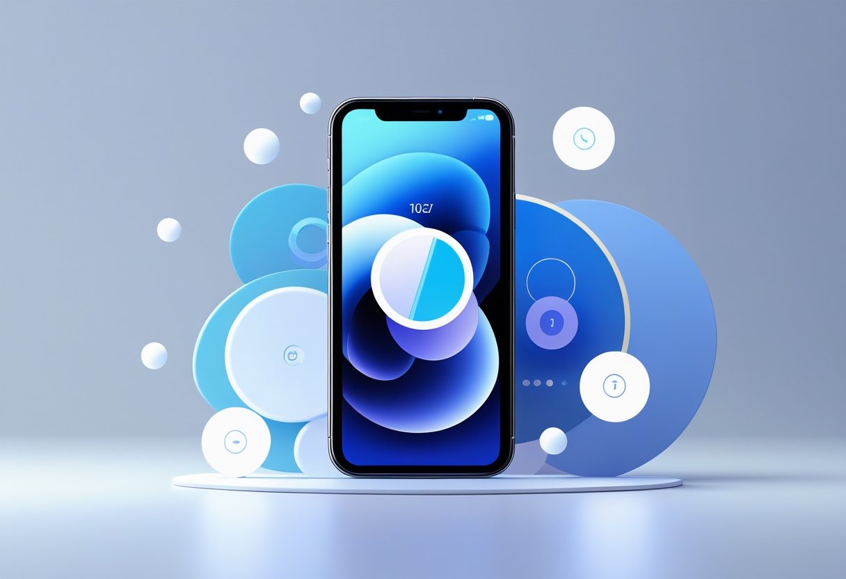 Illustration of an iPhone surrounded by abstract icons representing settings and system processes, highlighting different iOS versions.