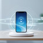 A smartphone on a table emitting sound waves and surrounded by icons representing GPS and wireless signals.