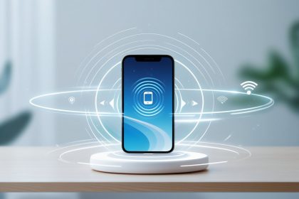 A smartphone on a table emitting sound waves and surrounded by icons representing GPS and wireless signals.