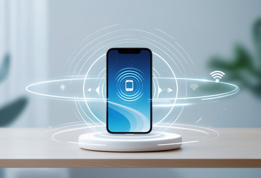 A smartphone on a table emitting sound waves and surrounded by icons representing GPS and wireless signals.