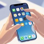 A close-up of hands holding an iPhone with the screen visible, showing a person using the device.