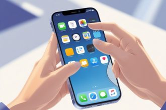 A close-up of hands holding an iPhone with the screen visible, showing a person using the device.