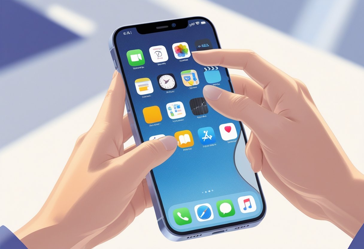 A close-up of hands holding an iPhone with the screen visible, showing a person using the device.