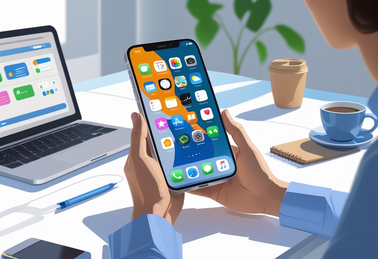 A person holding an iPhone at a desk with a laptop, notebook, and coffee cup nearby.