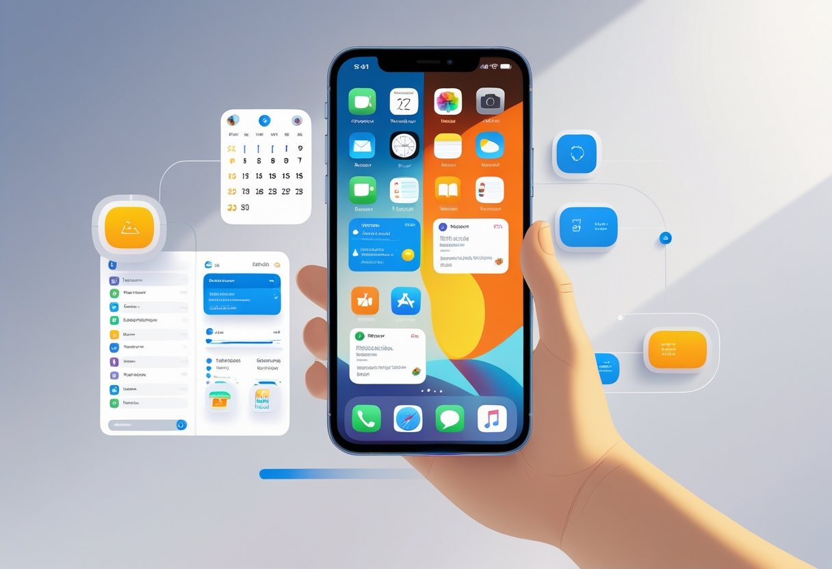 A person holding an iPhone displaying productivity and utility app icons and multitasking features.